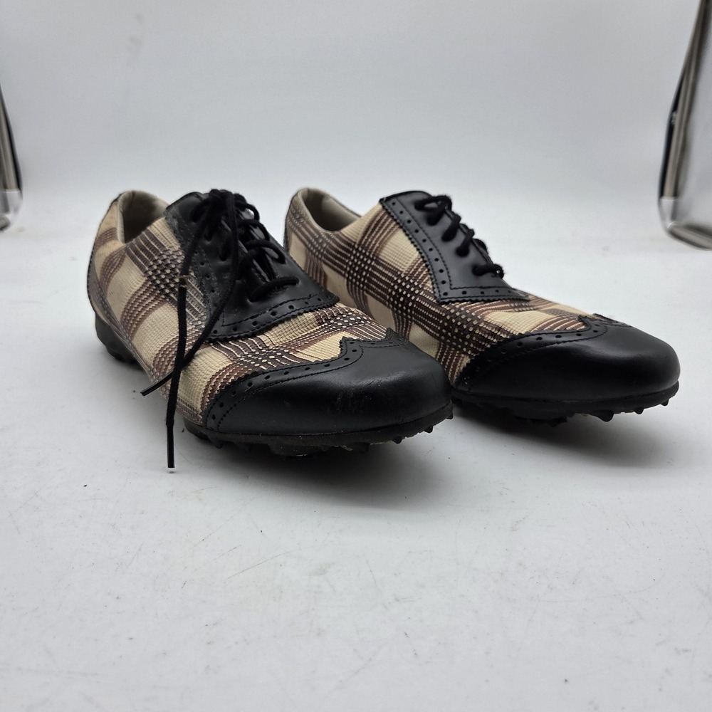 FootJoy LoPro Golf Shoes Womens 8 Brown Plaid Spiked Cleats Saddle 97174